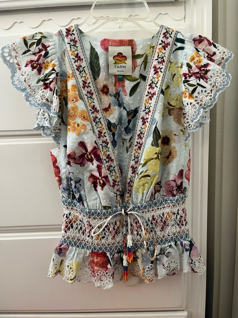 Farm Rio off-white greek garden smocked blouse